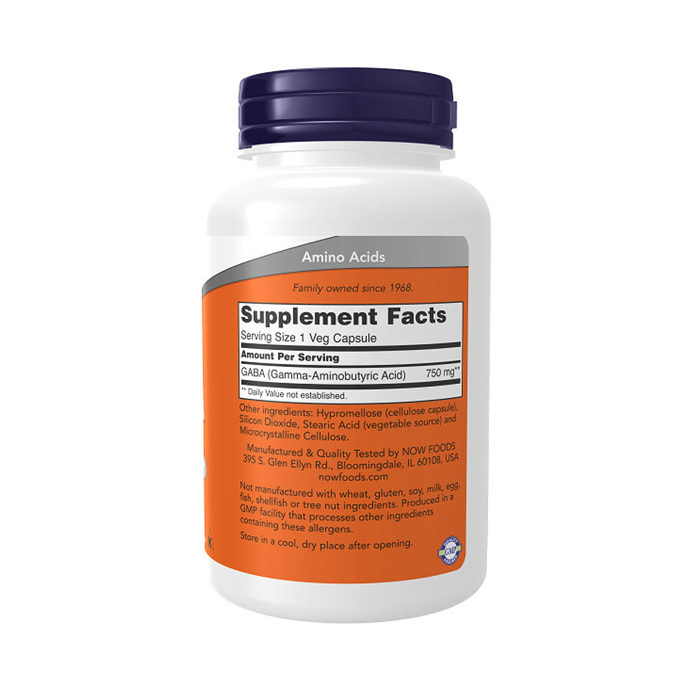 NOW Supplements, GABA (Gamma-Aminobutyric Acid) 750mg, Neurotransmitter Support*, 100 Veg Capsules