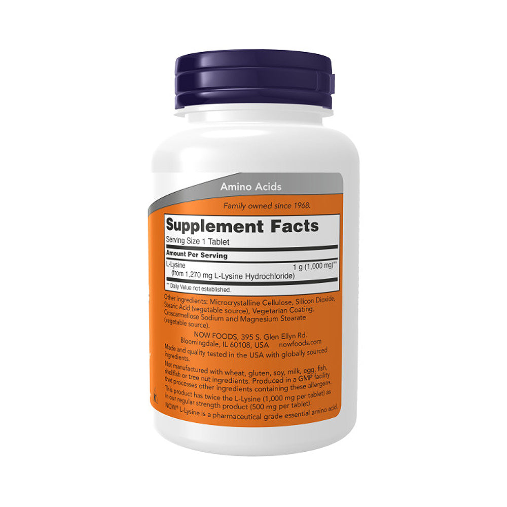 NOW Supplements, L-Lysine (L-Lysine Hydrochloride) 1,000 mg, Double Strength, Amino Acid, 100 Tablets