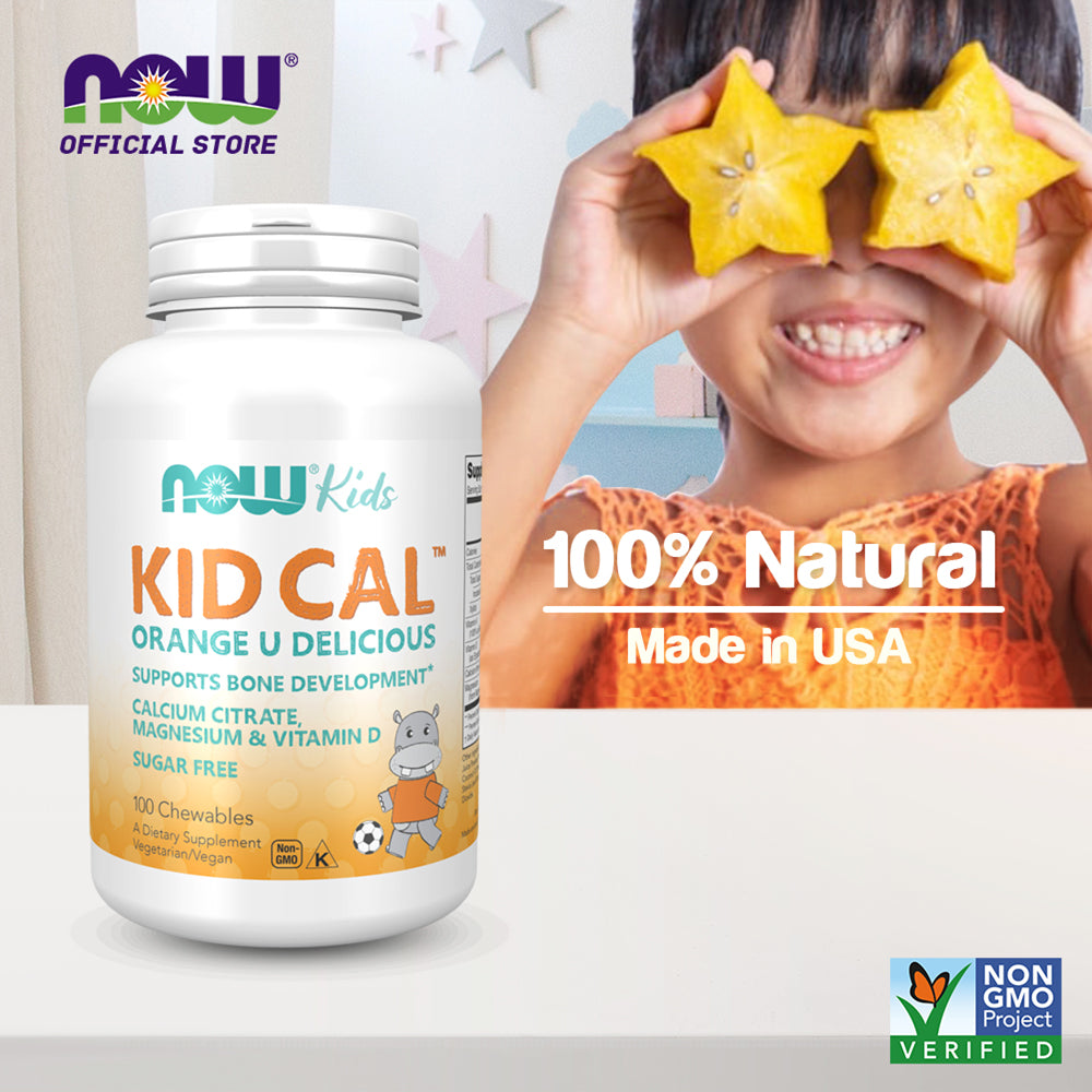 NOW Supplements, Kid Cal with Calcium Citrate, Magnesium and Vitamin D, Tart Orange, 100 Chewables
