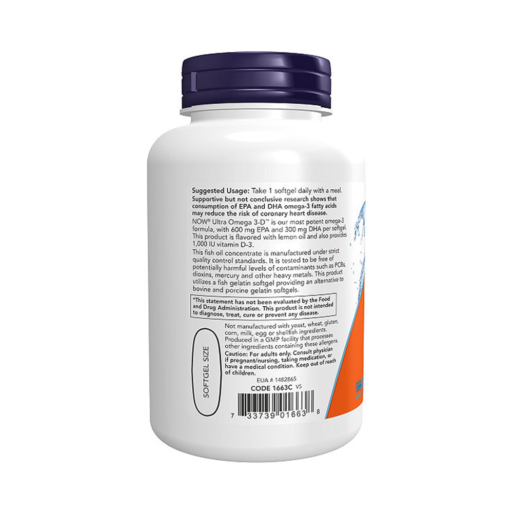 NOW Supplements, Ultra Omega 3-D™, Omega-3 Fish Oil + Vitamin D-3, Cardiovascular Support*, 90 Softgels