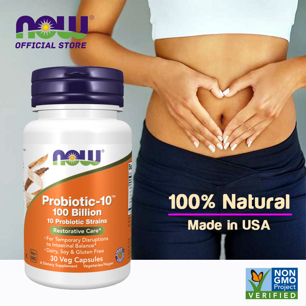 NOW Supplements, Probiotic-10™, 100 Billion, with 10 Probiotic Strains, Dairy, Soy and Gluten Free, Strain Verified, 30 Veg Capsules