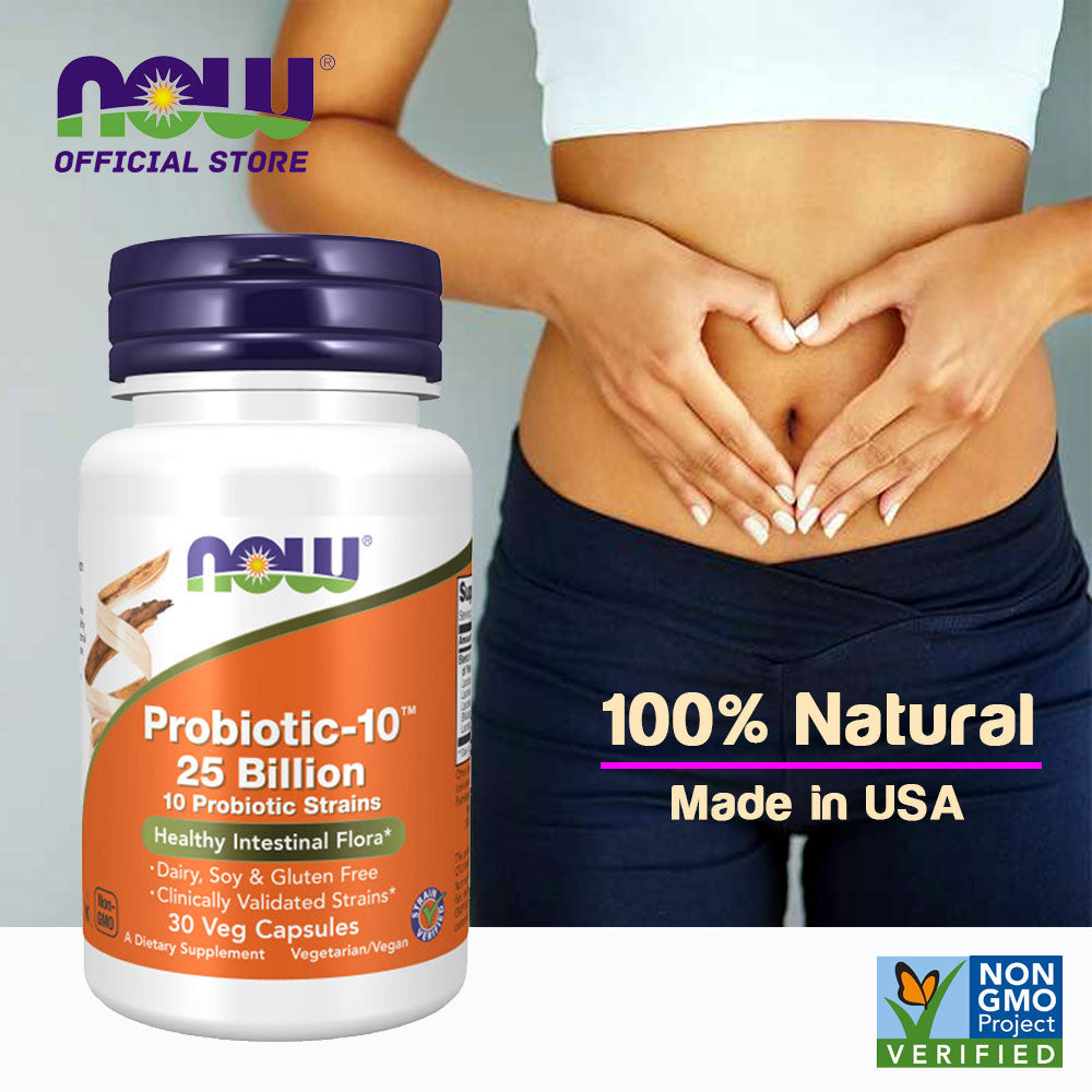 NOW Supplements, Probiotic-10™, 25 Billion, with 10 Probiotic Strains, Dairy, Soy and Gluten Free, Strain Verified, 30 Veg Capsules