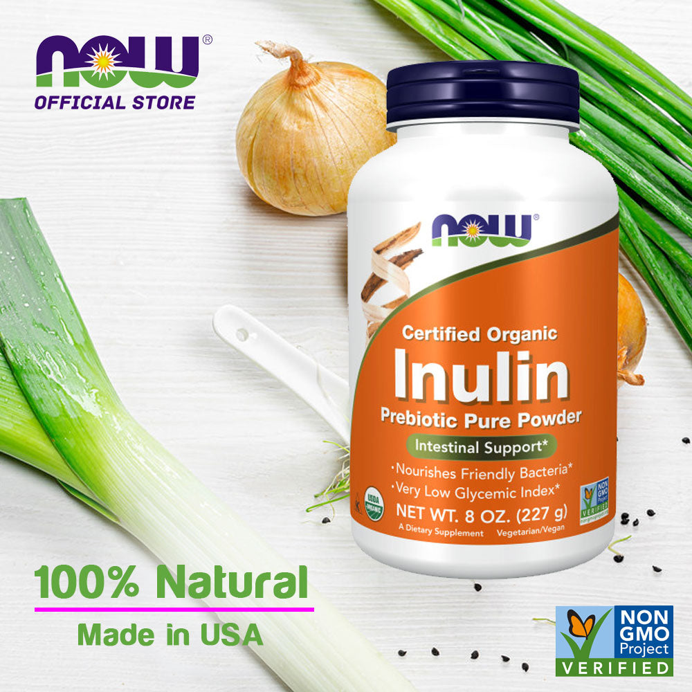 NOW Supplements, Inulin Prebiotic Pure Powder, Certified Organic, Non-GMO Project Verified, Intestinal Support*, 8-Ounce (227g)