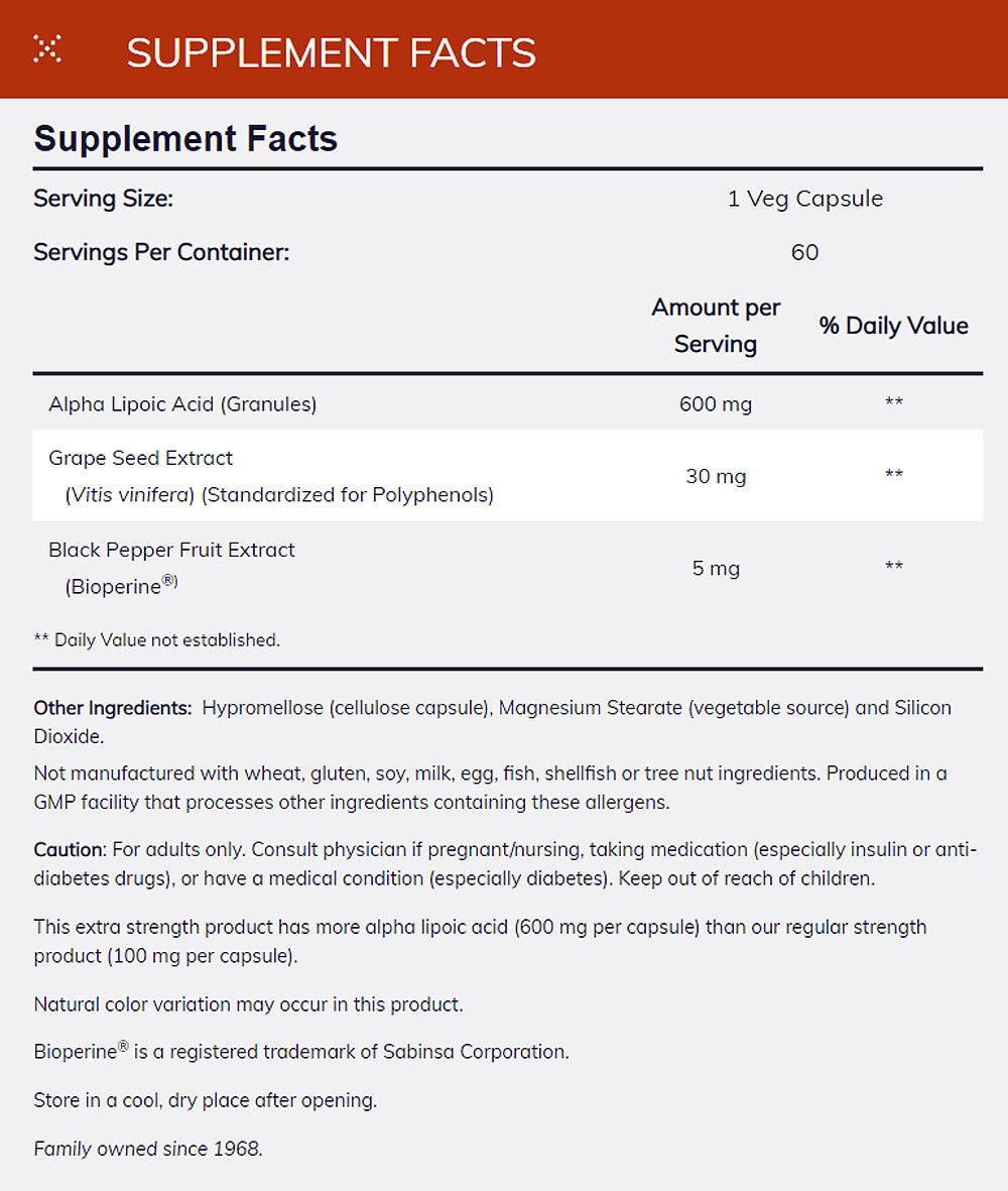 NOW Supplements, Alpha Lipoic Acid 600 mg with Grape Seed Extract & Bioperine®, Extra Strength, 60 Veg Capsules