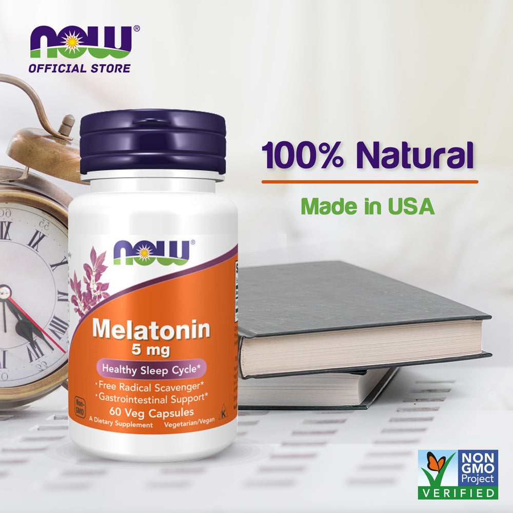 NOW Supplements, Melatonin 5 mg, Free Radical Scavenger*, Healthy Sleep Cycle*, 60 Veg Capsules