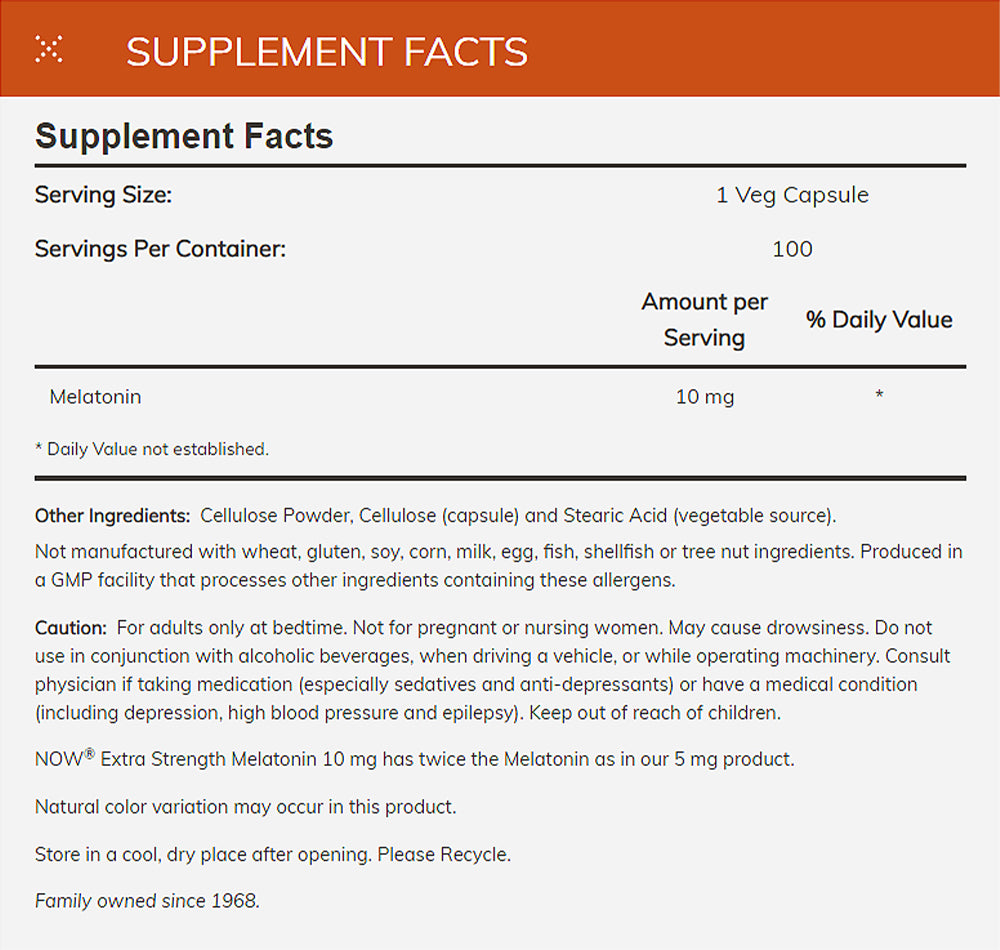 NOW Supplements, Melatonin, Extra Strength 10 mg, Free Radical Scavenger*, Healthy Sleep Cycle*, 100 Veg Capsules