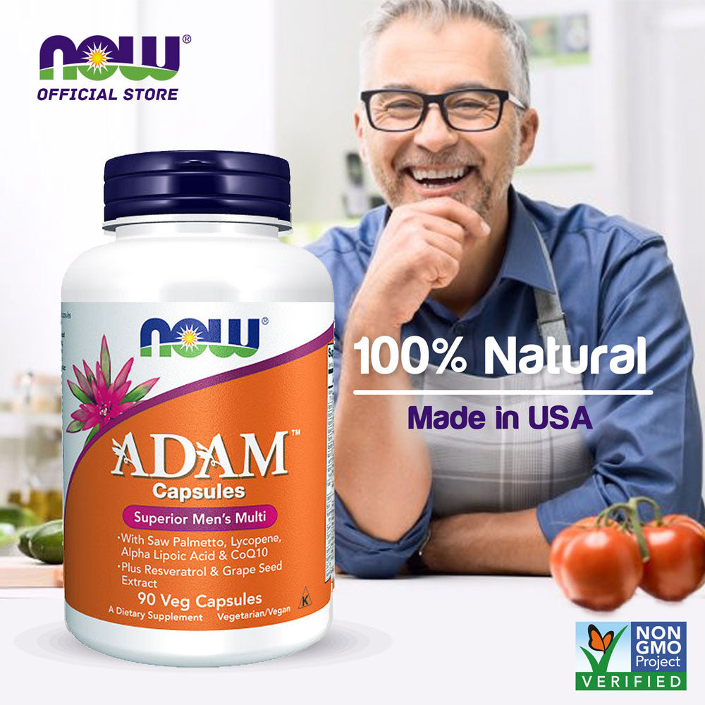 NOW Supplements, ADAM™ Men's Multivitamin with Saw Palmetto, Lycopene, Alpha Lipoic Acid and CoQ10, Plus Natural Resveratrol & Grape Seed Extract, 90 Veg Capsules