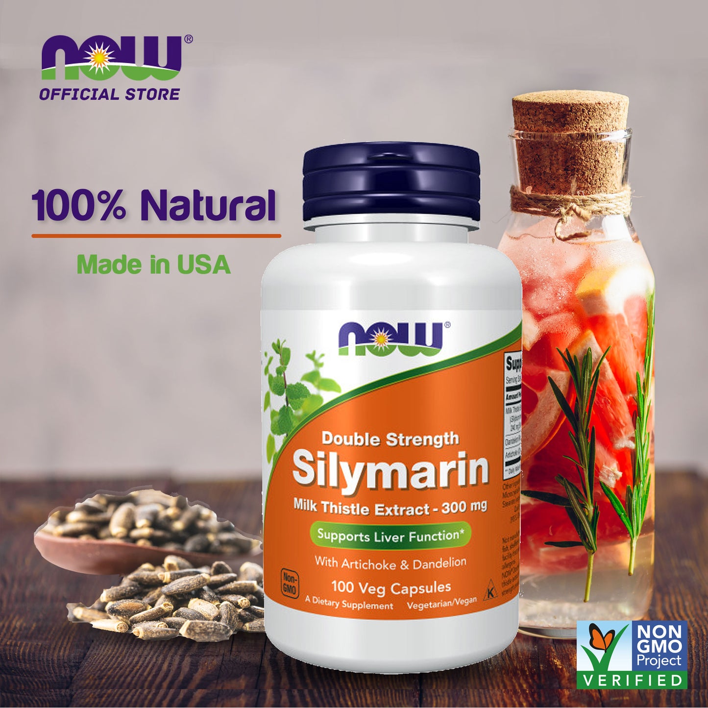 NOW Supplements, Silymarin Milk Thistle Extract 300 mg with Artichoke and Dandelion, Double Strength, Supports Liver Function, 100 Veg Capsules
