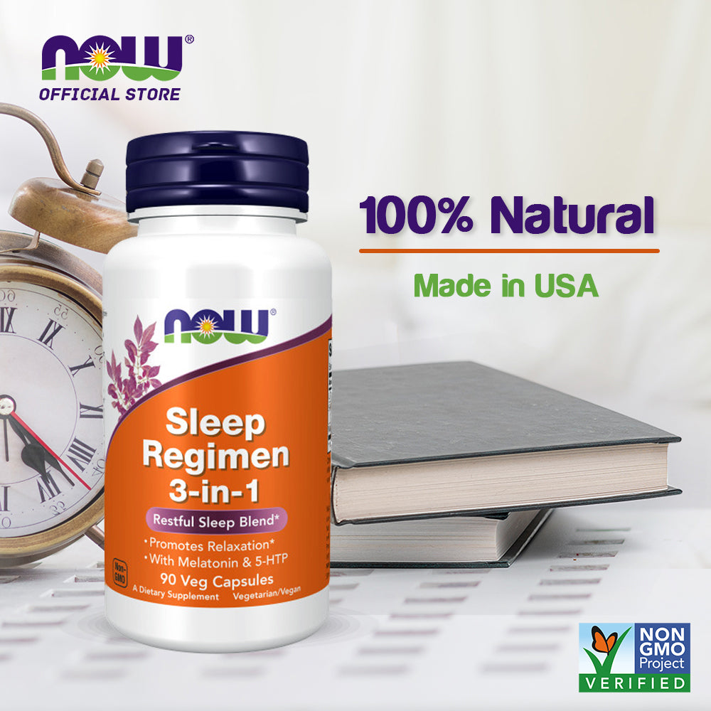 NOW Supplements, Sleep Regimen 3-In-1, With Melatonin, 5-HTP and L-Theanine, Restful Sleep Blend*, 90 Veg Capsules