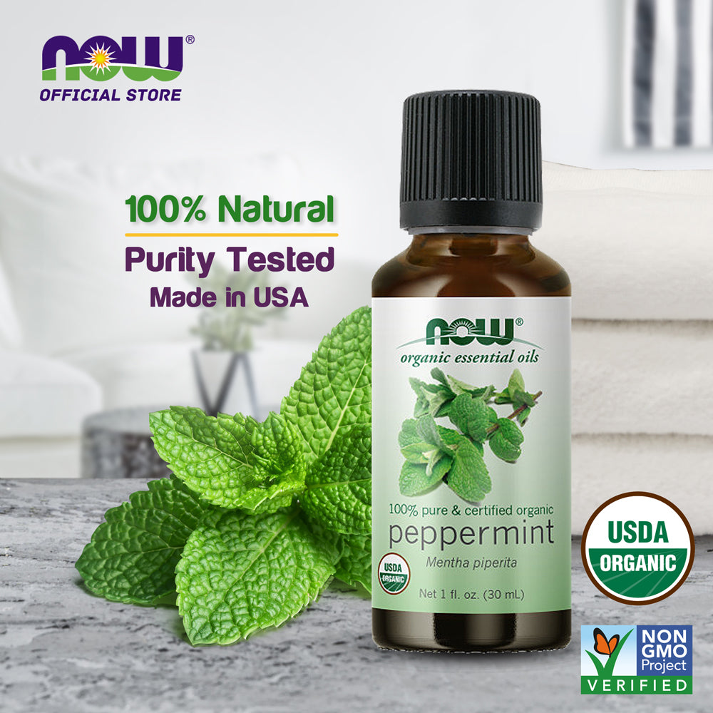 NOW Essential Oils, Organic Peppermint Oil, Invigorating Aromatherapy Scent, Steam Distilled, 100% Pure, Vegan, Child Resistant Cap, 1-Ounce (30ml)