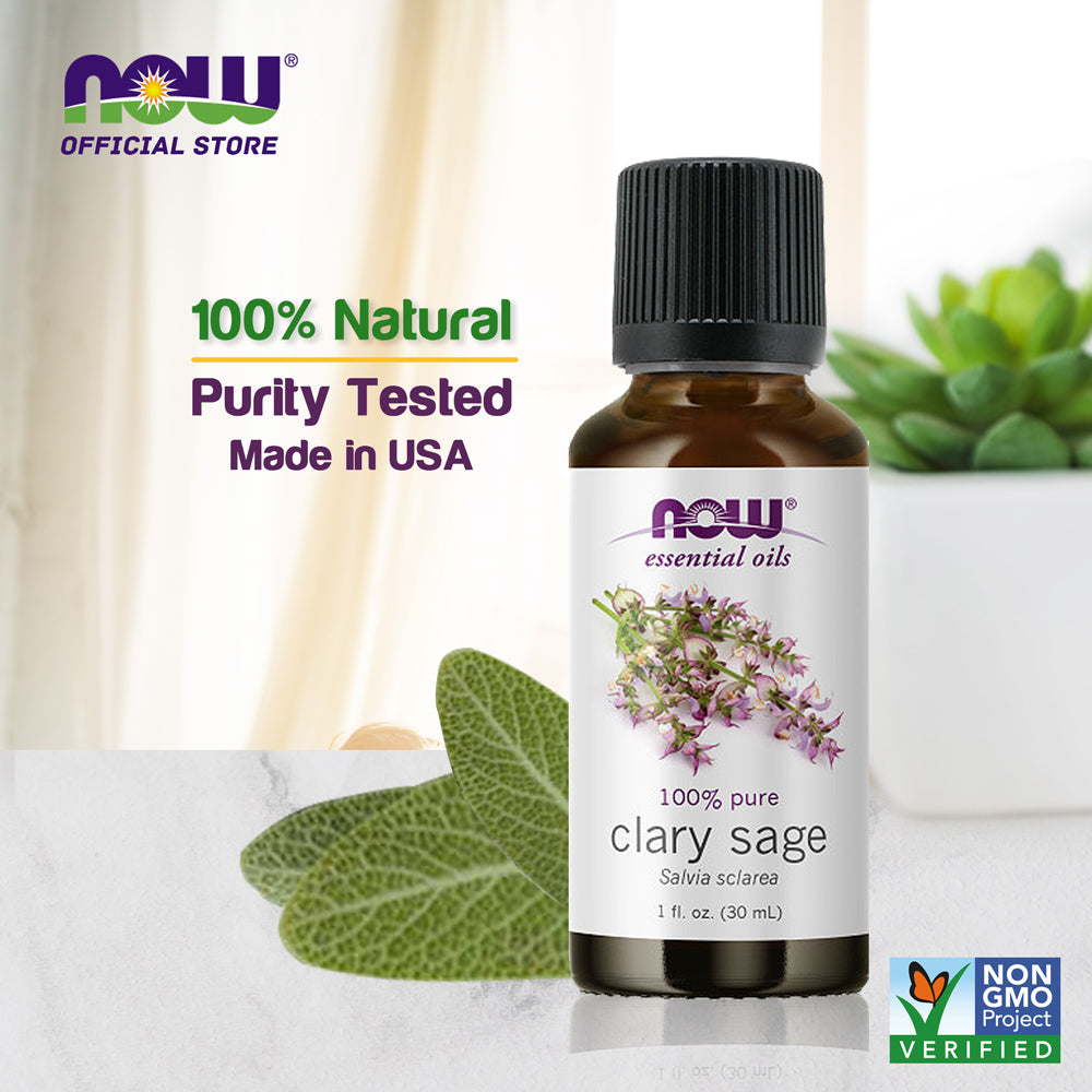 NOW Essential Oils, Clary Sage Oil, Focusing Aromatherapy Scent, Steam Distilled, 100% Pure, Vegan, Child Resistant Cap, 1-Ounce (30ml)