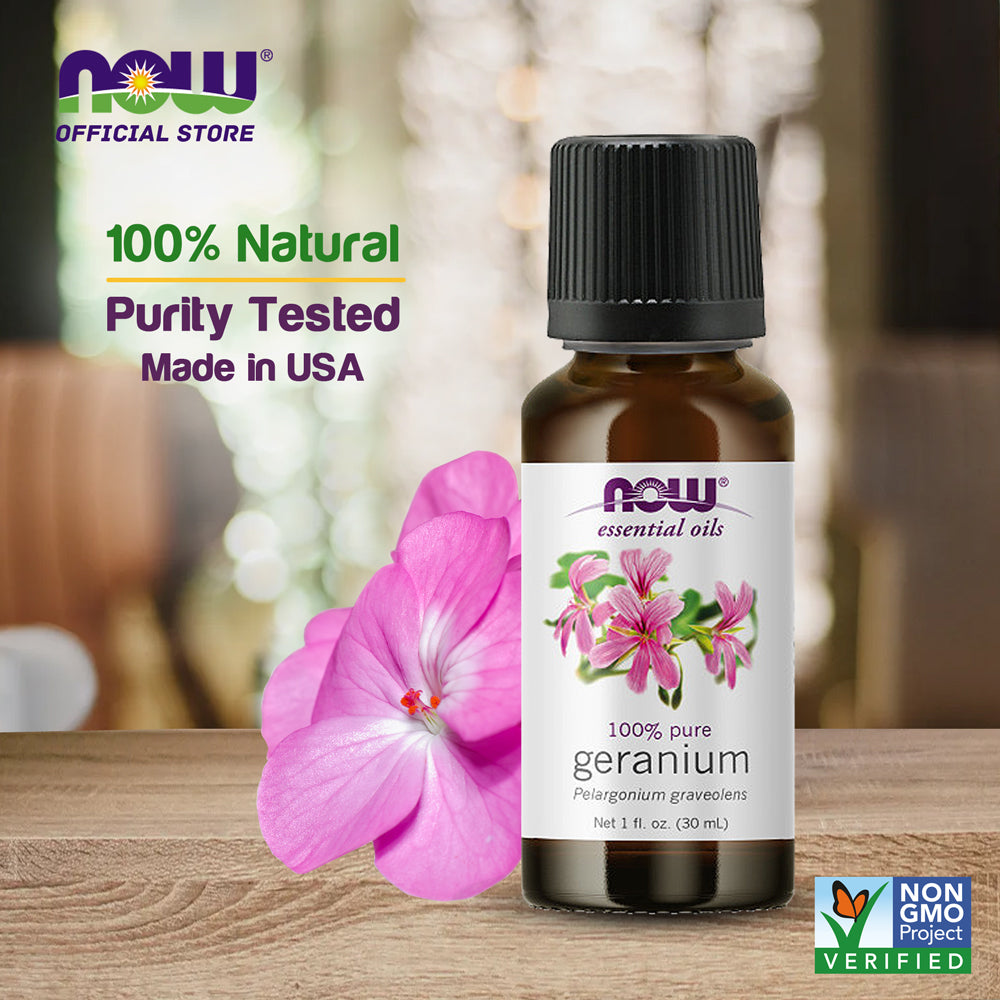 NOW Essential Oils, Geranium Oil, Soothing Aromatherapy Scent, Steam Distilled, 100% Pure, Vegan, Child Resistant Cap, 1-Ounce (30ml)