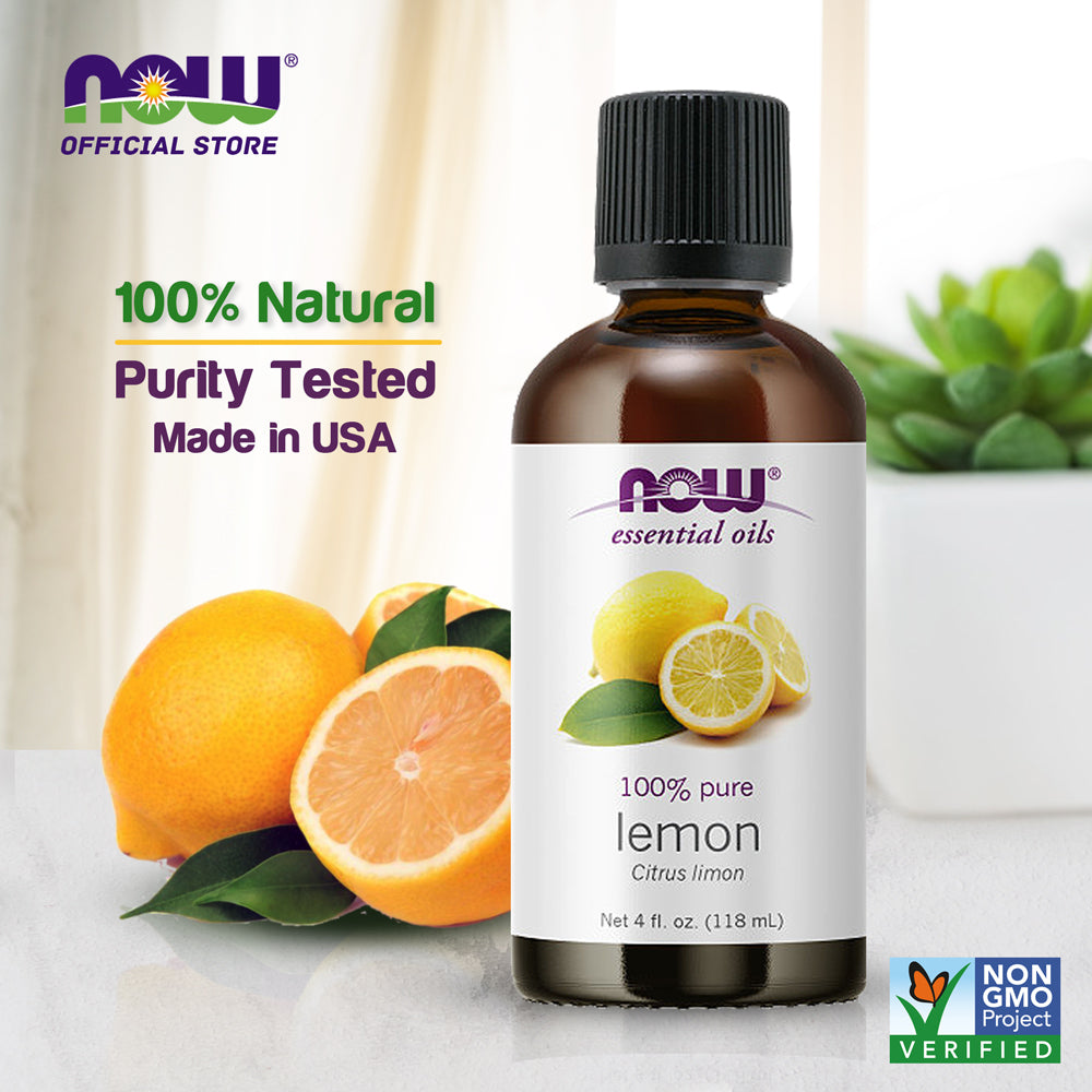 NOW FOODS Essential Oils, Lemon Oil, Cheerful Aromatherapy Scent, Cold Pressed, 100% Pure, Vegan, Child Resistant Cap, 4-Ounce (118 ml)
