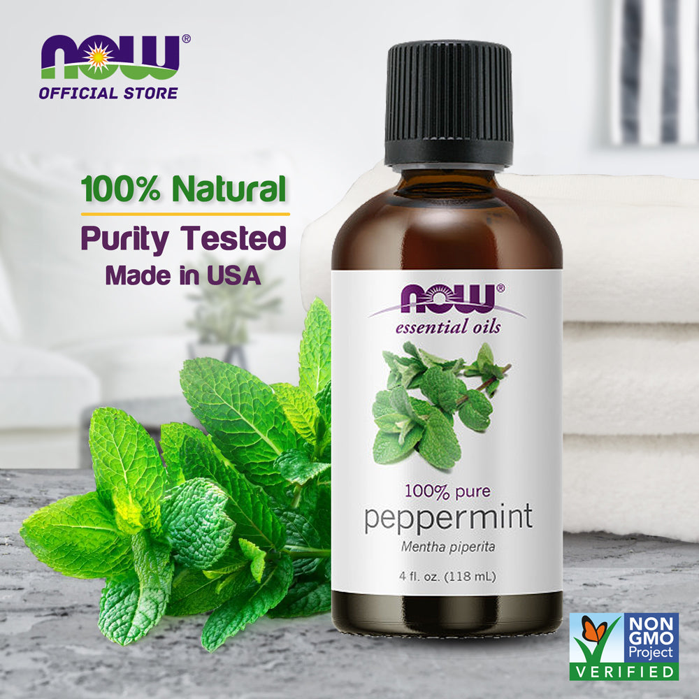 NOW FOODS Essential Oils, Peppermint Oil, Invigorating Aromatherapy Scent, Steam Distilled, 100% Pure, Vegan, Child Resistant Cap, 4-Ounce (118ml) - Bloom Concept Malaysia