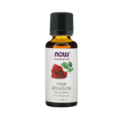 NOW Essential Oils, Rose Absolute, 5% Blend of Pure Rose Absolute Oil in Pure Jojoba Oil, Romantic Aromatherapy Scent, Vegan, Child Resistant Cap, 1-Ounce (30 ml)