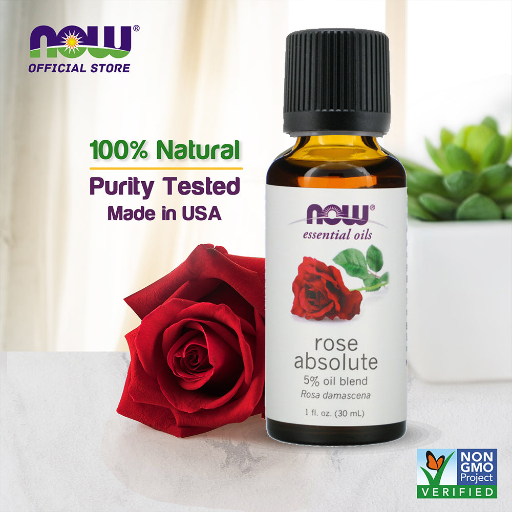 NOW Essential Oils, Rose Absolute, 5% Blend of Pure Rose Absolute Oil in Pure Jojoba Oil, Romantic Aromatherapy Scent, Vegan, Child Resistant Cap, 1-Ounce (30 ml)