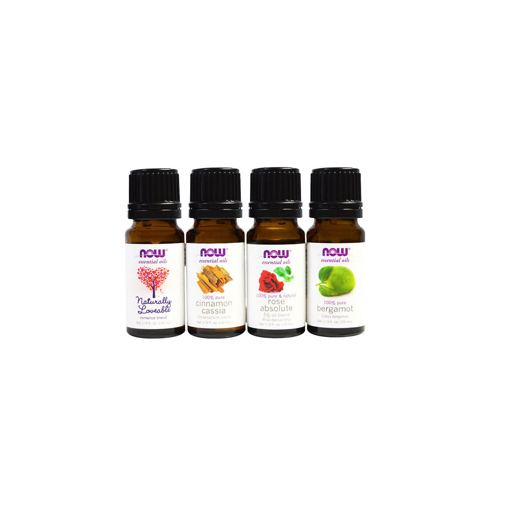 NOW Essential Oils, Love at First Scent Aromatherapy Kit, 4x10ml Including: Bergamot, Cinnamon Cassia, Rose Absolute and our Naturally Loveable Essential Oil Blend With Child Resistant Caps - Bloom Concept Malaysia