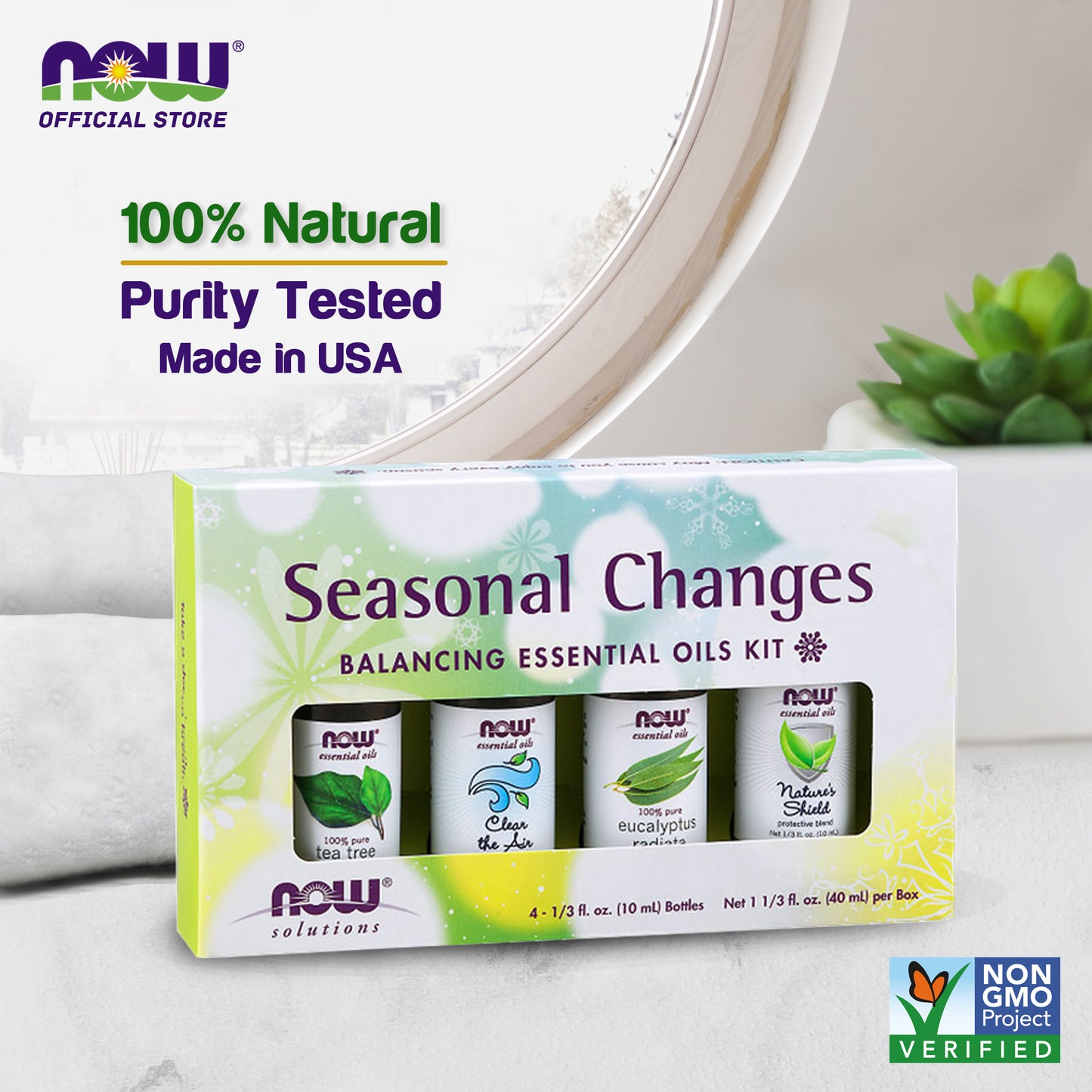 NOW Seasonal Changes Balancing Aromatherapy Kit, 4x10ml Incl Tea Tree, Eucalyptus Radiata, Clear the Air and Nature's Shield Oil Blend