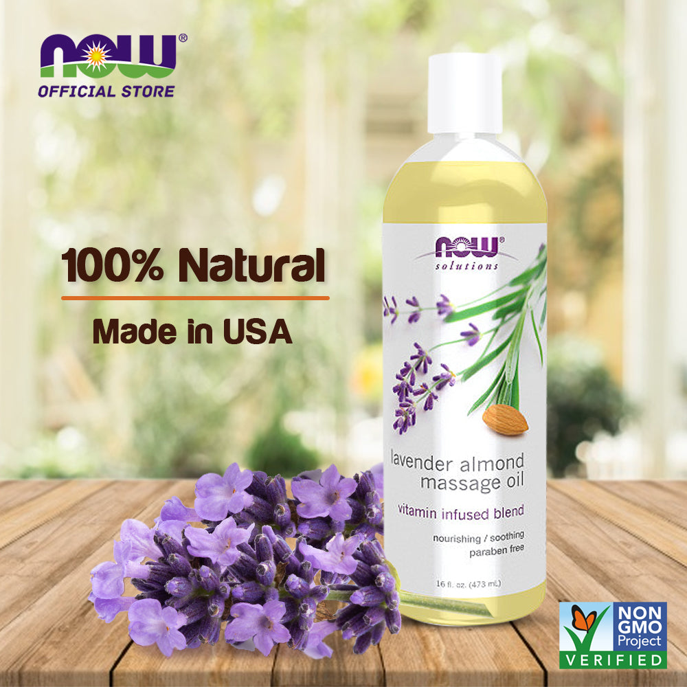 NOW Solutions, Lavender Almond Massage Oil, Vitamin Infused Blend, Therapeutic and Soothing, 16-Ounce (473 ml)