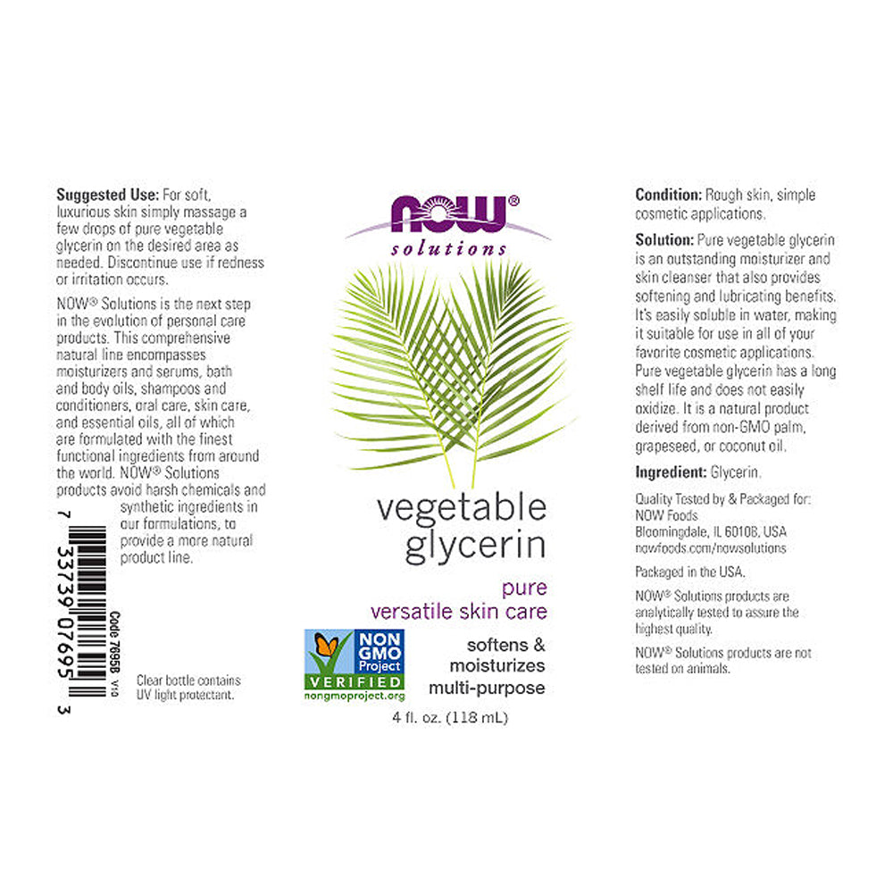 NOW Solutions, Vegetable Glycerin, 100% Pure, Versatile Skin Care, Softening and Moisturizing, 4-Ounce (118ml)