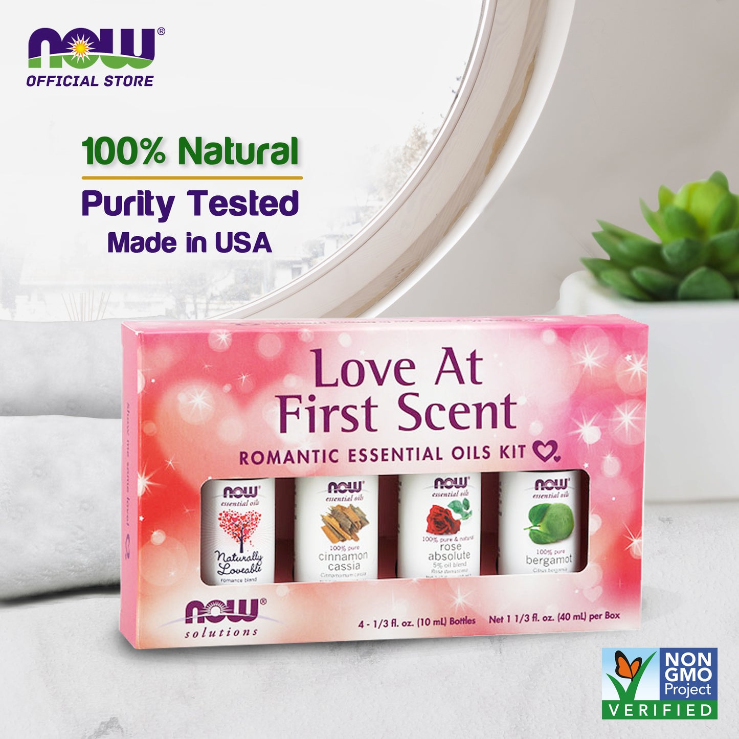 NOW Essential Oils, Love at First Scent Aromatherapy Kit, 4x10ml Including: Bergamot, Cinnamon Cassia, Rose Absolute and our Naturally Loveable Essential Oil Blend With Child Resistant Caps