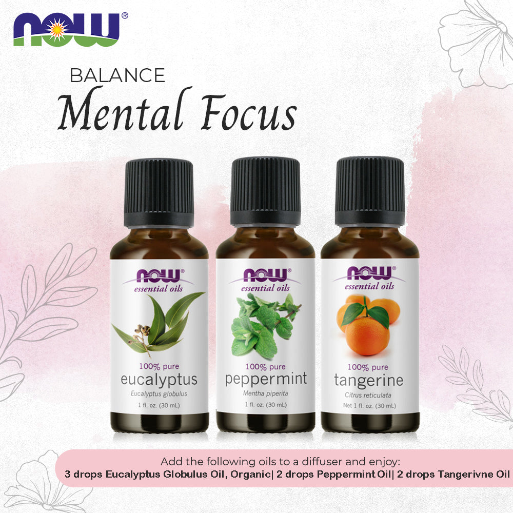 Now Essential Oils, 3 Variety of 30ml: Mental Focus - Eucalyptus, Peppermint, Tangerine