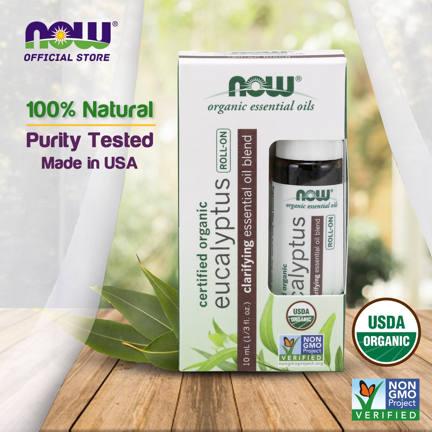 NOW Eucalyptus Roll-On, Certified Organic, Clarifying Blend, Steam Distilled, Topical Aromatherapy, 10-mL