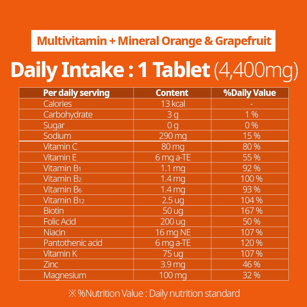 SUNLIFE Multi-Vitamins with Minerals 20 Orange/Grapefruit Flavored Effervescent Tablets (4,500mg per Tablet) For Optimal Immune Support