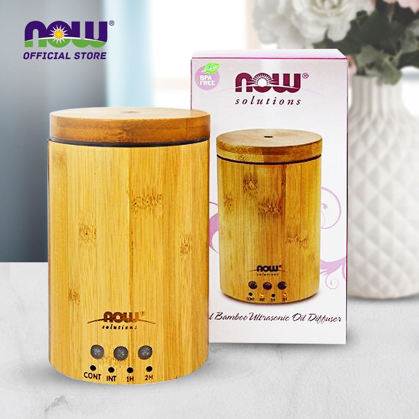 NOW Essential Oils, Ultrasonic Real Bamboo Aromatherapy Oil Diffuser, Extremely Quiet, Heat Free and Easy to Clean, Color Changing LED Diffuser